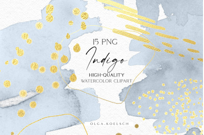 Dusty blue watercolor brush strokes png, Gold abstract clipart, Indigo