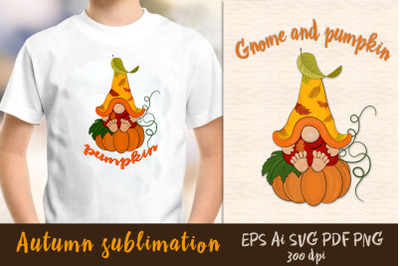 Gnome on a pumpkin. Autumn sublimation