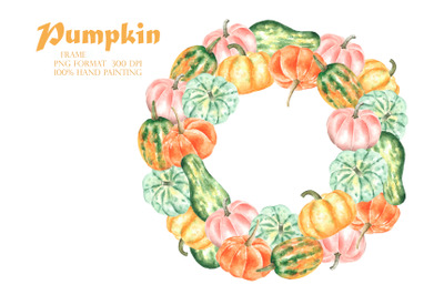 Thanksgiving pumpkin clipart. Watercolor wreath, frame, border. Fall