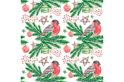 Bullfinches watercolor seamless pattern. Christmas, New Year, winter.