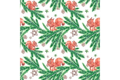 Squirrels watercolor seamless pattern. Christmas, New Year, winter.