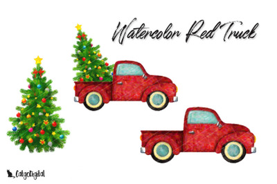 Watercolor Red Truck Christmas ClipArt