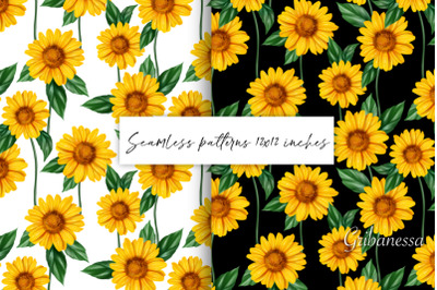 Yellow daisy flowers. Seamless patterns
