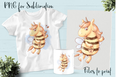 Bees Unicorn sublimation. Design for printing.