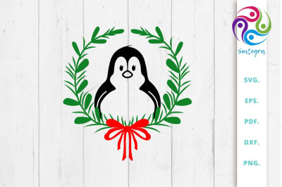 Floral Christmas Wreath Penguin SVG File