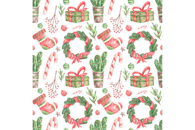 Christmas watercolor seamless pattern. Christmas wreath&2C; gift sock.