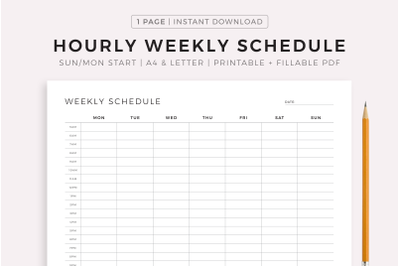 Hourly Weekly Schedule Landscape, Weekly Planner, Week At a Glance