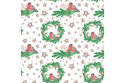 Christmas holidays watercolor seamless pattern. Bullfinch, wreath