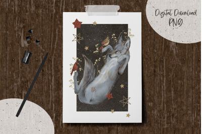Winter Wolf with Birds. Animalistic Print PNG.