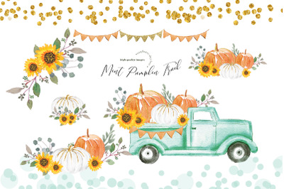 Orange Pumpkin Mint Truck Clipart, Mint Pickup Car Pumpkin