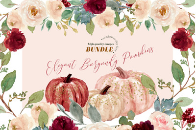 Elegant Burgundy Pumpkin Bundle Clipart, Watercolor Fall Pumpkin