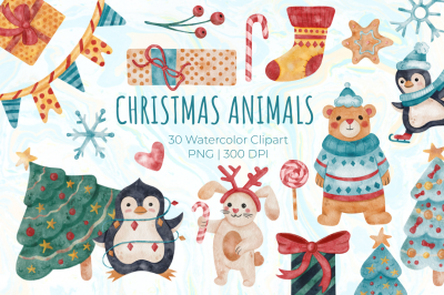 Christmas animals. Watercolor New Year elements.