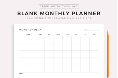 Undated Monthly Planner Printable Landscape, Monthly Organizer