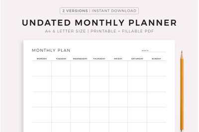 Undated Monthly Planner Printable and Fillable Landscape