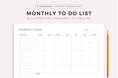 Monthly To Do List Planner, Landscape, A4/Letter, Printable &amp; Fillable