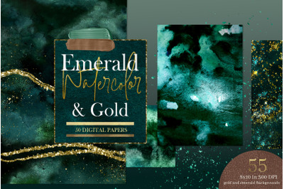 50 Gold &amp; Emerald Watercolor Papers