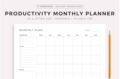 Monthly Planner, Productivity Planner, Monday &amp; Sunday Start