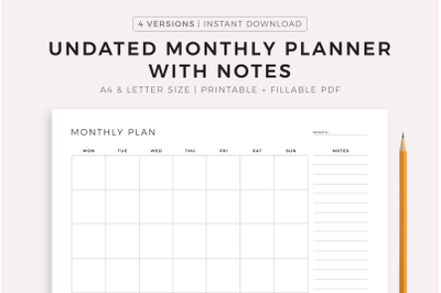 Undated Monthly Planner with Notes, Printable &amp; Fillable PDF