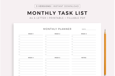 Monthly Task List, Landscape, A4/Letter, Printable &amp; Fillable PDF