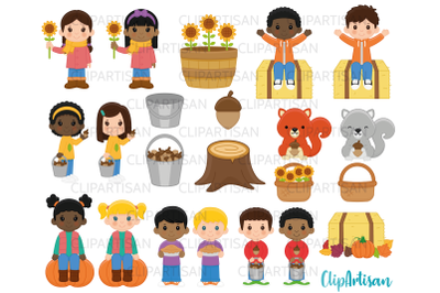 Fall Kids Clipart&2C; Autumn Kids in Leaves Clip Art