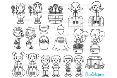 Fall Kids Clipart&2C; Autumn Kids in Leaves Digital Stamp