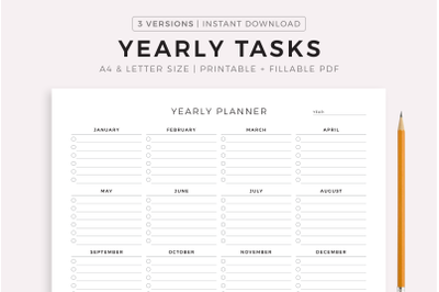 Yearly Tasks , 12 Months Overview, Landscape, Printable &amp; Fillable PDF
