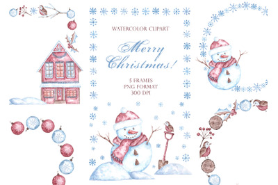 Christmas watercolor clipart. Wreath. New Year. Winter. Snowman, house