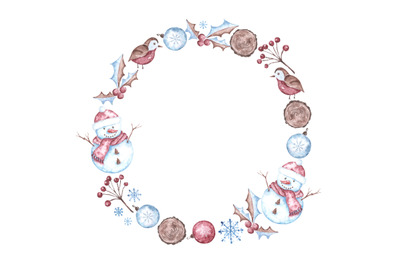 Winter watercolor wreath. Christmas, New Year. Snowman, winter flora.