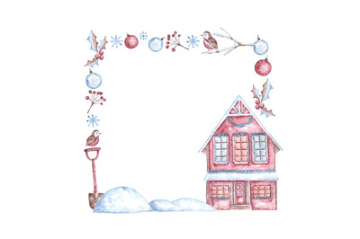 Christmas holidays watercolor frame. Winter vacation. New Year. House.