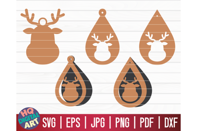 5 Reindeer Earrings SVG | Christmas Teardrop Earrings SVG