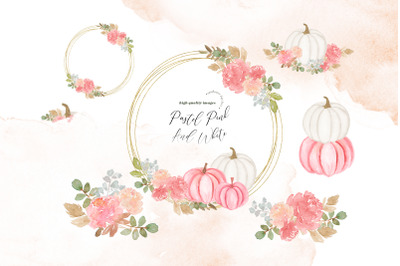 Pastel Pink &amp;amp; Gold Glitter Flowers Pumpkin clipart&2C; Geometric Frame