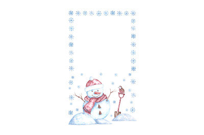 Snowman watercolor frame. Winter vacation. Christmas, New Year. Snow.