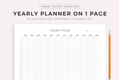 Yearly Planner on 1 Page Landscape, Calendar Template PDF