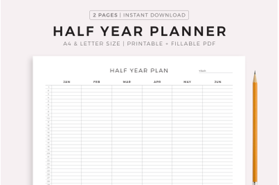 Half Year Planner Printable Landscape, Calendar Template PDF