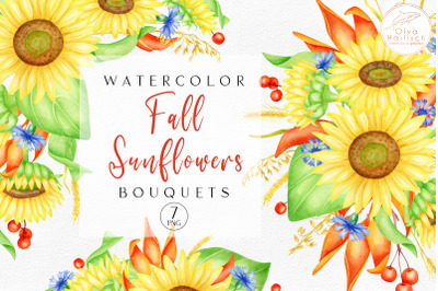 Watercolor Sunflower Bouquets. Fall Sunflowers and CornflowerPNG Clipa