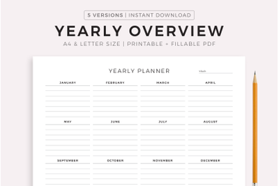 Yearly Overview Printable Landscape, Yearly Planner, Year At a Glance