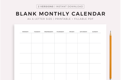 Blank Monthly Calendar Printable Landscape, Minimal Calendar Template