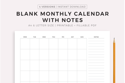 Blank Monthly Calendar with Notes Landscape