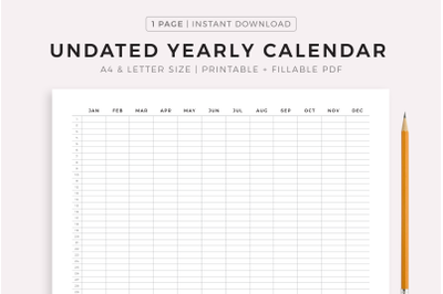 Undated Year Calendar, Year At a Glance, Printable &amp; Fillable PDF
