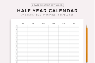 Half Year Calendar Printable, Year At a Glance, Yearly Overview