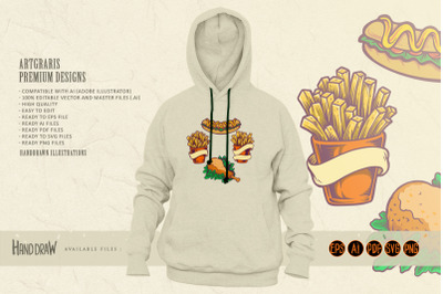 Fast Food Hotdog, Chicken french fries Set Illustrations