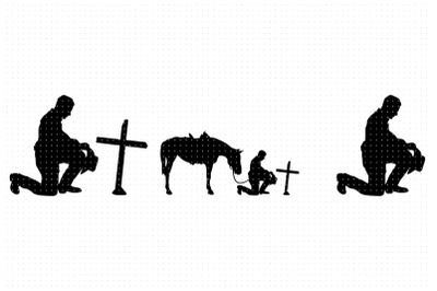 Kneeling Cowboy on a memorial cross SVG