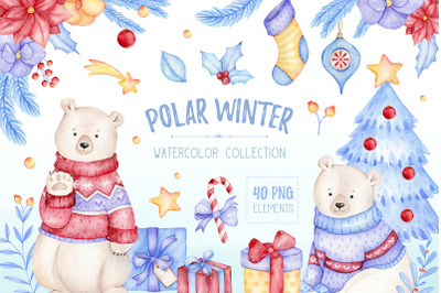 Polar Bear Christmas Watercolor Clipart