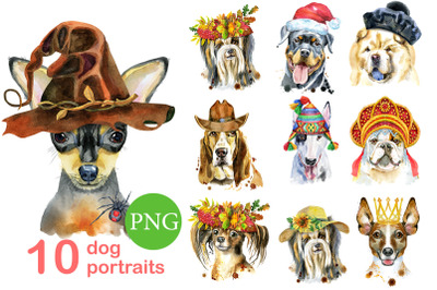 10 watercolor dog portraits. Set 19
