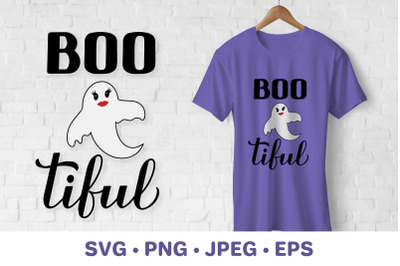 Bootiful (Boo-tiful) lettering. Funny Halloween quote. Cute ghost