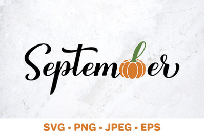 September. Fall calligraphy lettering with pumpkin.