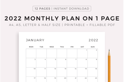 2022 Monthly Planner on One Page, Monthly Organizer, Monthly Agenda