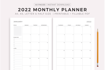 2022 Dated Monthly Planner on Two Pages, Printable &amp; Fillable PDF
