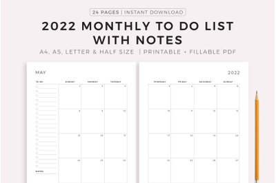 2022 Monthly To Do List With Notes on Two Pages
