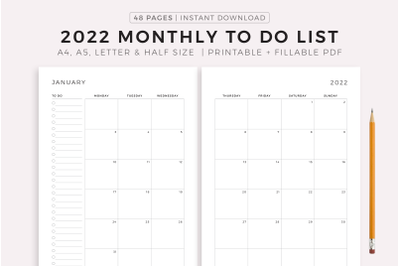 2022 Monthly To Do List on Two Pages, Productivity Monthly Planner